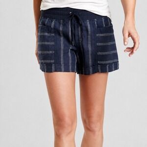 Athleta Cabo Linen 4" Shorts Blue Pinstripe Drawstring Stretch Waist Size 6
